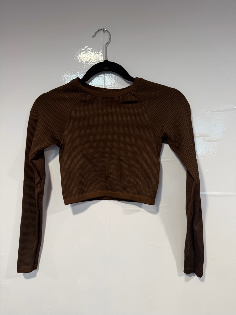 Long-Sleeve Cropped Ribbed Top in Brown